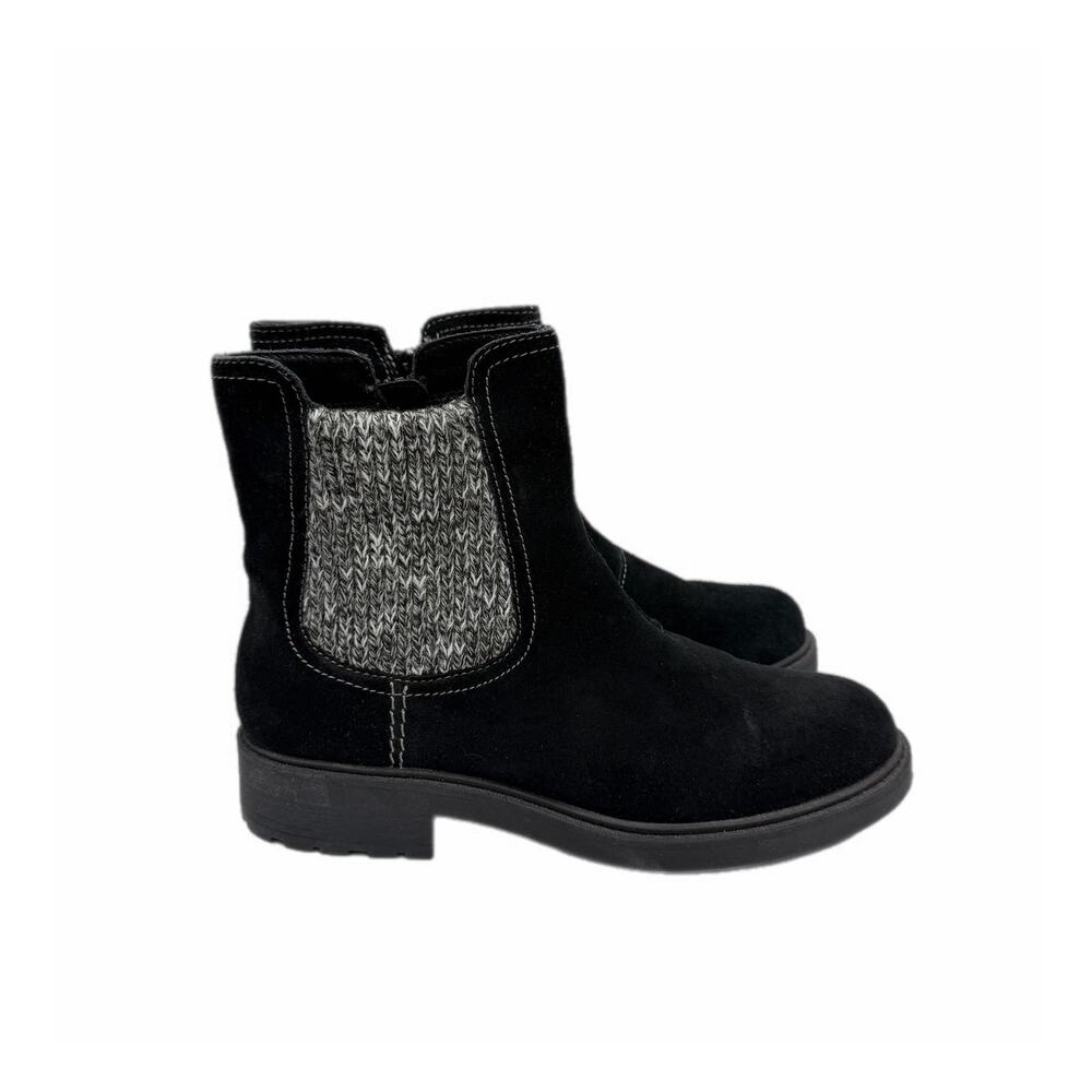 Clarks Opal Sky Black Leather Suede Chelsea Gray Knit Side Zip Up Ankle Boots
